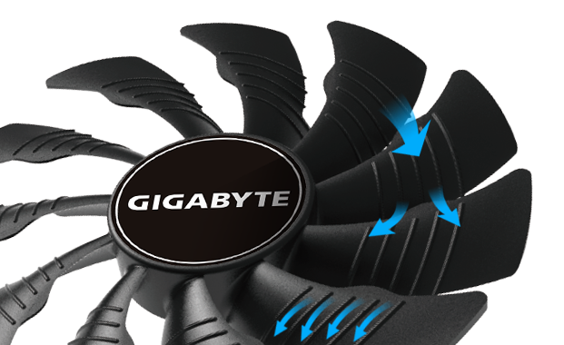 The GIGABYTE RTX 2060's Unique Blade Fan with Blue Arrow Graphics Indicating Airflow through the divets