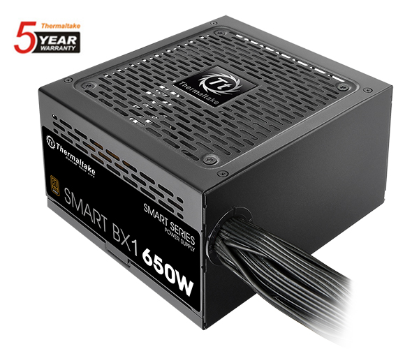 Thermaltake Smart BX1 650W PS-SPD-0650NNFABU-1 Power Supply Angled Down to the Left, Next to the Thermaltake 5-Year Warranty