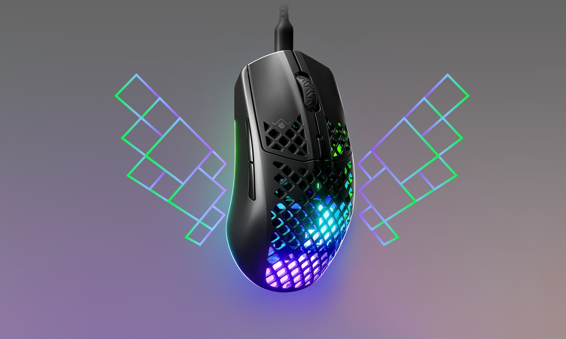Aerox 3 Mouse render with lightning wings coming out of each side of the mouse