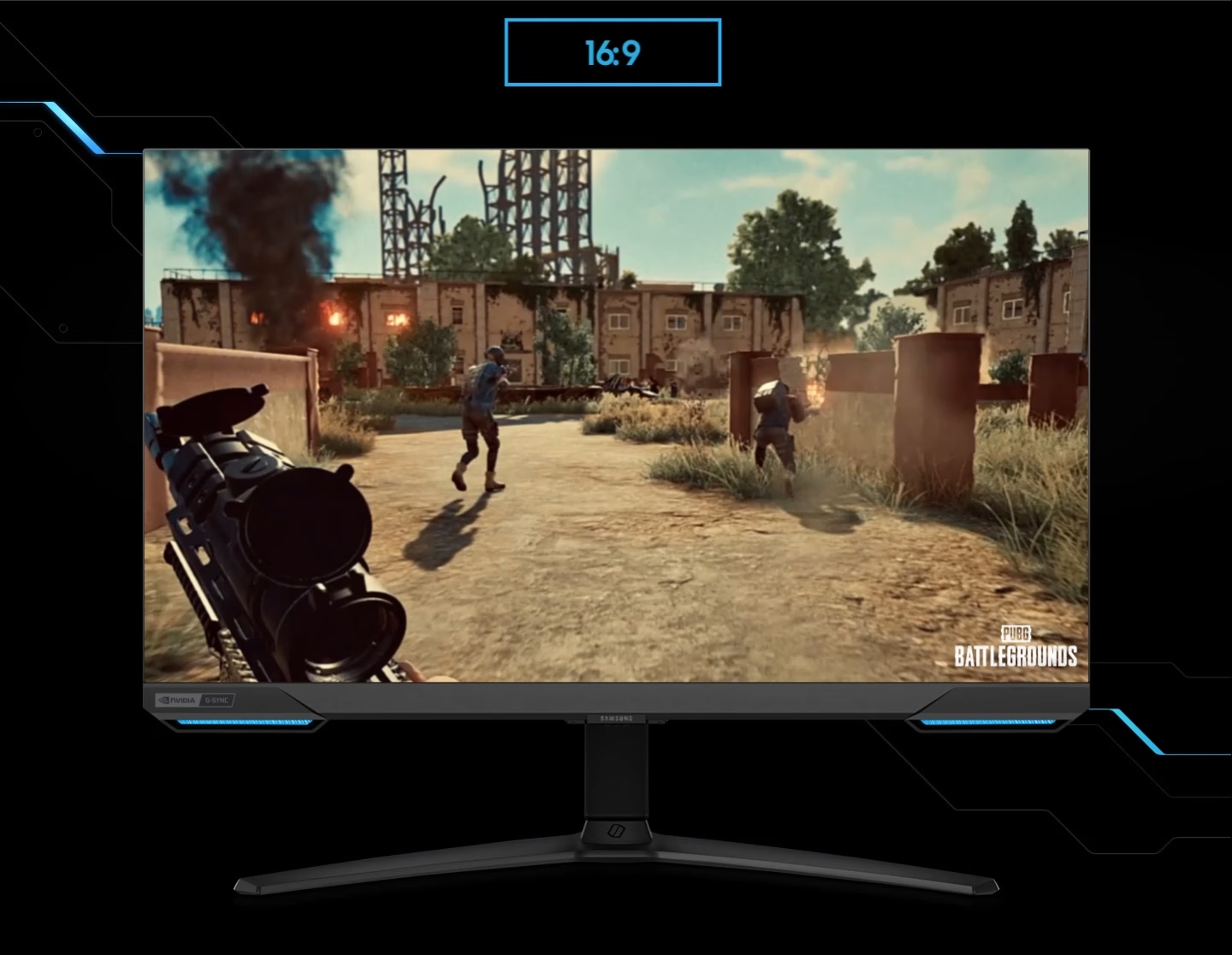 A monitor shows the perspective of a player within a first-person action game. As the screen is extended from 16:9 to 21:9 proportion, an enemy appears in the far left corner, revealed thanks to the monitor's wider perspective. The game title ""PUBG BATTLEGROUND"" is located in the lower right corner.