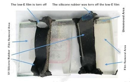 Figure 2 Low-E glass water UV tensile bonding film peeling off 　