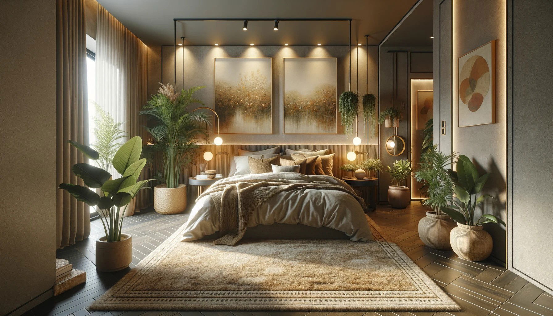 Chambre moderne et bohème avec éléments naturels