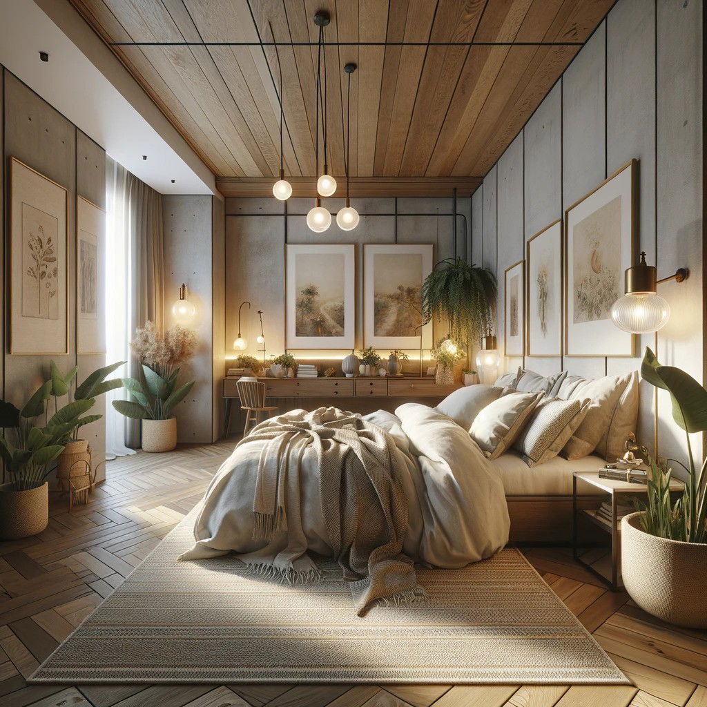 Chambre moderne et bohème avec éléments naturels