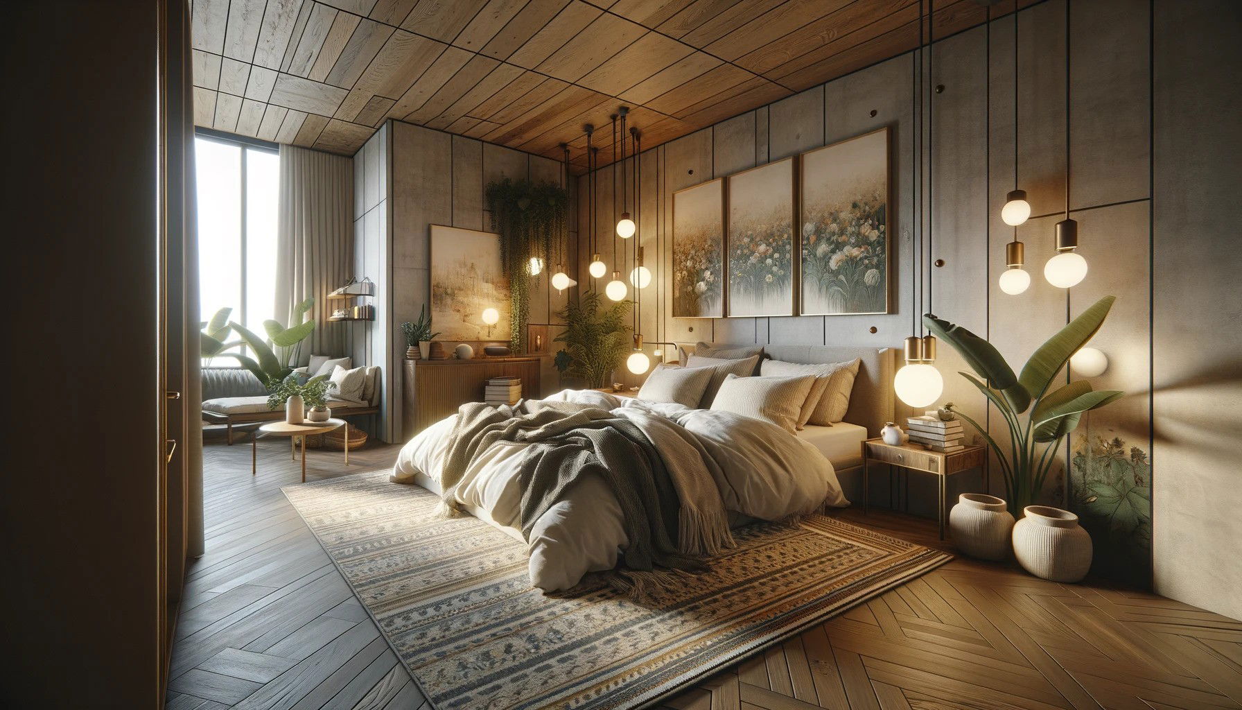 Chambre moderne et bohème avec éléments naturels