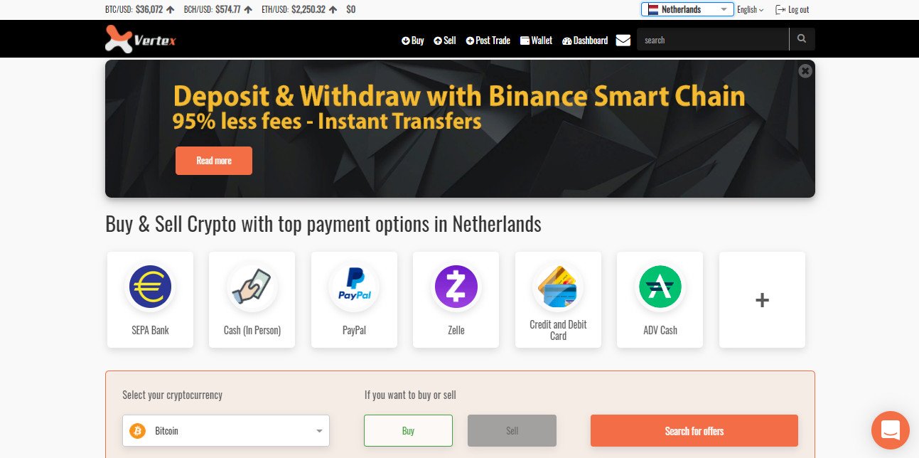 You can now deposit and withdraw all currencies on the Vertex.Market peer-to-peer platform using the Binance Smart Chain option, reducing your fees by up to 95%!
