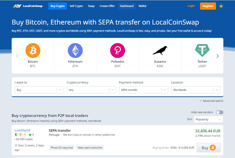 Buy Bitcoin, Ethereum instantly on LocalCoinSwap. Buy BTC, ETH, DOT, USDT and other cryptocurrencies around the world using more than 300 payment methods. LocalCoinSwap is fast, easy, and confidential. Get your free wallet and account today!