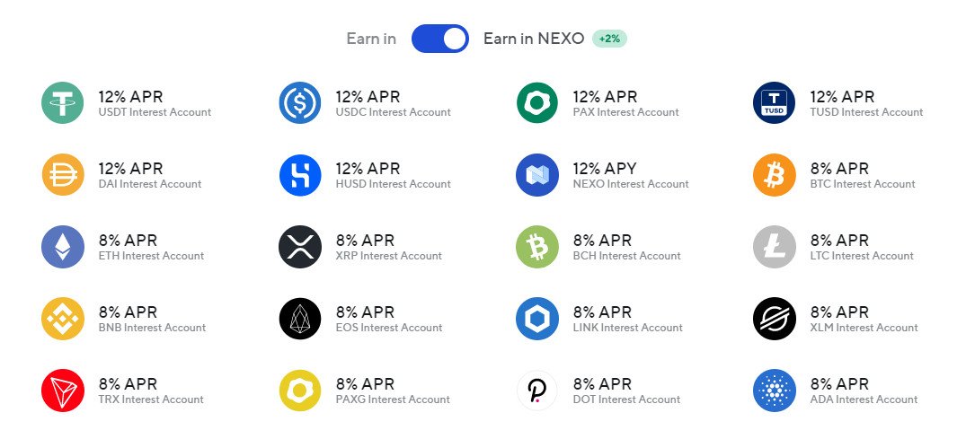 Nexo - Supported Assets and Rates. 20 available cryptocurrencies, including BTC, ETH, LTC, stablecoins and more.
