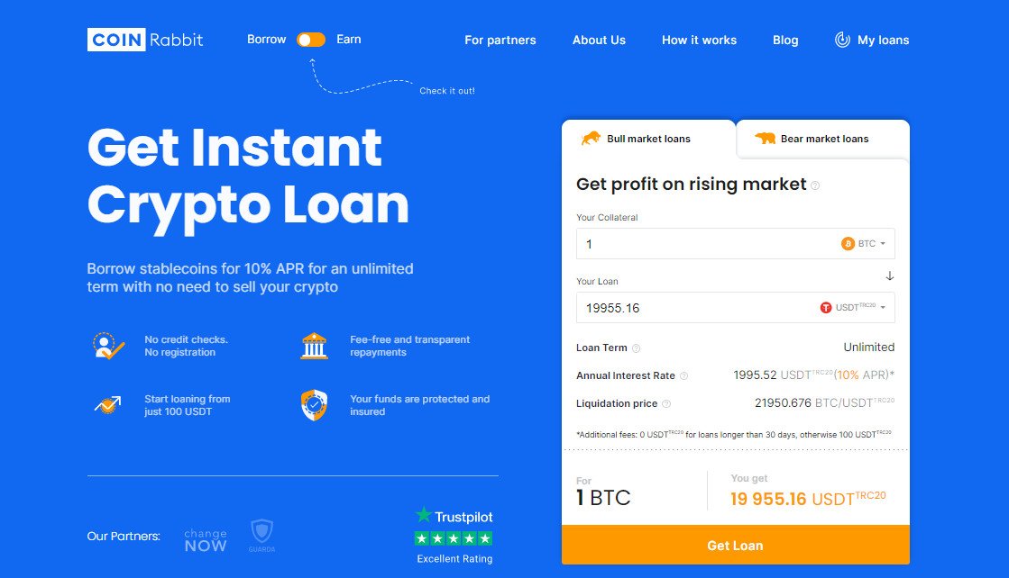 Crypto Loans | Get Crypto Loan with Collateral | CoinRabbit. Looking for a secure crypto lending platform? Get an instant loan in Bitcoin, Ethereum, Litcoin, or choose among more than 10 other coins. Borrow crypto in a minute! Deposit your Crypto into CoinRabbit and Start to Earn. Want to earn cryptocurrency? One of the best ways to earn crypto coins is to deposit your crypto. Just follow our simple guide and earn your crypto right now!