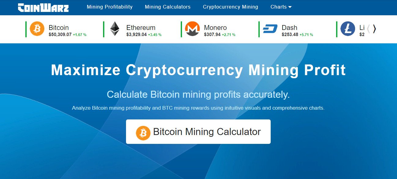 #1 Crypto Mining Calculator CoinWarz. Calculate Bitcoin mining profits accurately along with Ethereum, Litecoin, Monero, ZCash, and more.  Analyze mining profitability and mining rewards using intuitive visuals and comprehensive charts.