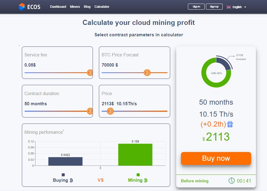 ECOS Cloud Mining Calculator: Calculate your cloud mining profit, Select contract parameters in calculator