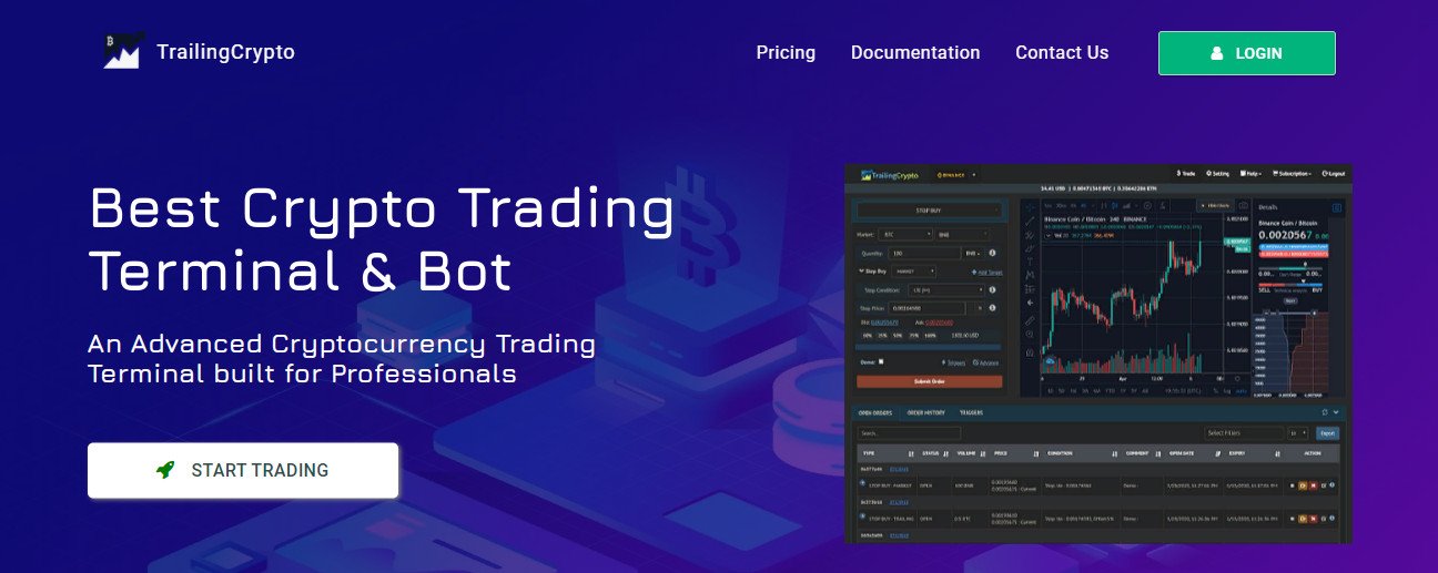 Trailingcrypto - Best Crypto Trading Bot & Terminal. Crypto trading bot & terminal aimed at unifying all crypto exchanges and provides trading terminal offering many advanced order types using bot assistance like TRAILING STOP BUY/SELL, TAKE PROFIT LIMIT, CONDITIONAL STOP LIMIT, OSO, OCO, etc which is natively not available on all exchanges. Binance, Binance Futures, Bittrex, CEX.IO, Coinex, HitBtc, Huobi Pro, Kucoin, Okex, Polenix, Kraken, Bitstamp
