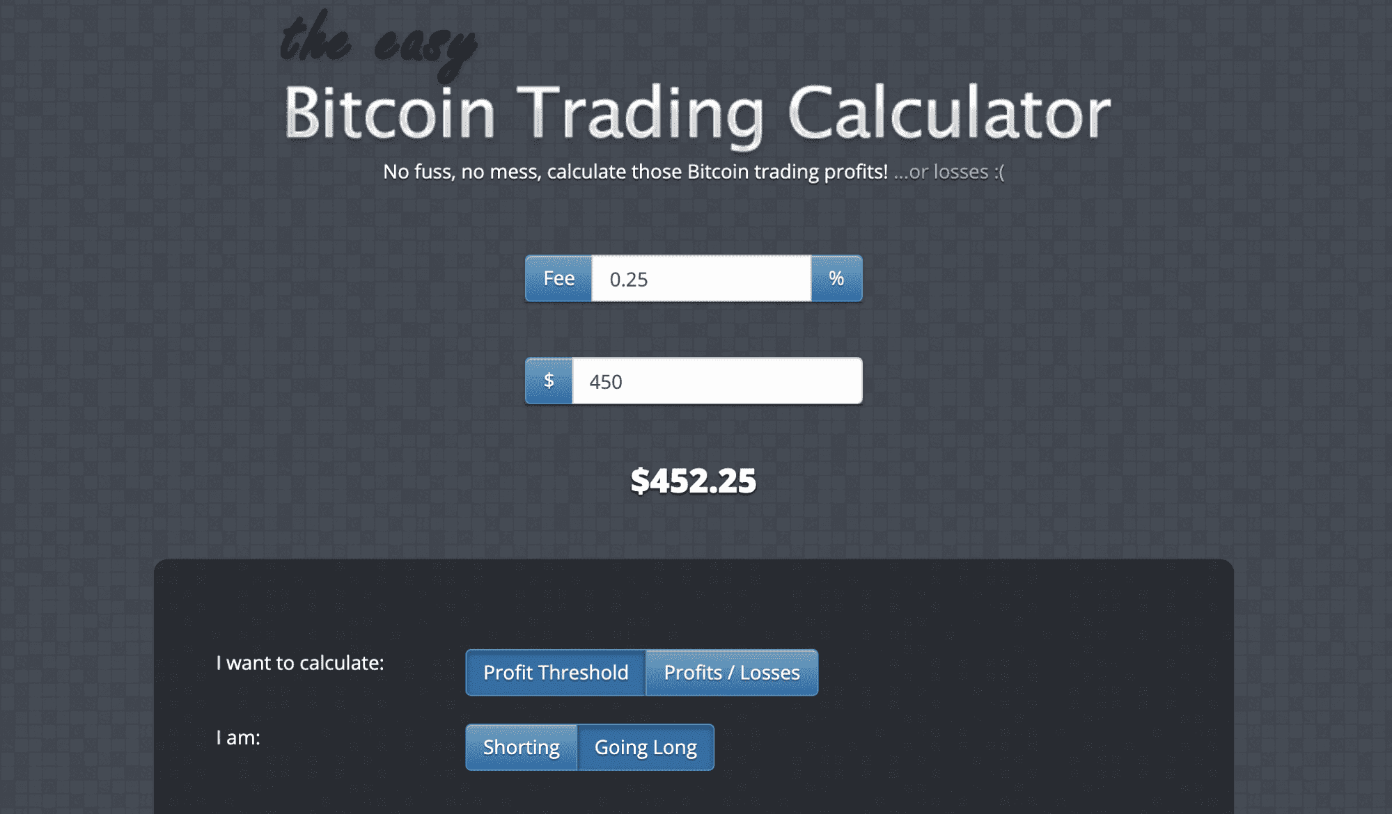easy Bitcoin Trading Calculator - no fuss, no mess, calculate those Bitcoin trading profits! Do you need to work out bitcoin trading profits? The easy Bitcoin Calculator can do it at the click of a button.
