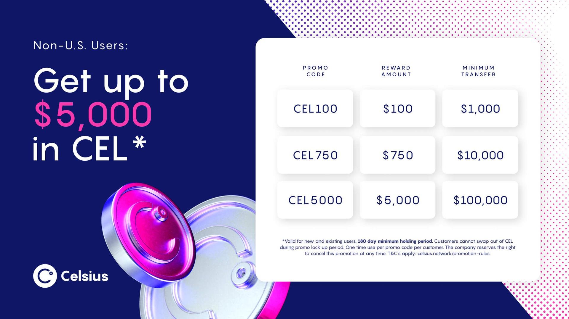 Get up to $5,000 in bonus CEL with Celsius promo codes and earn up to 30% more on your weekly rewards.*