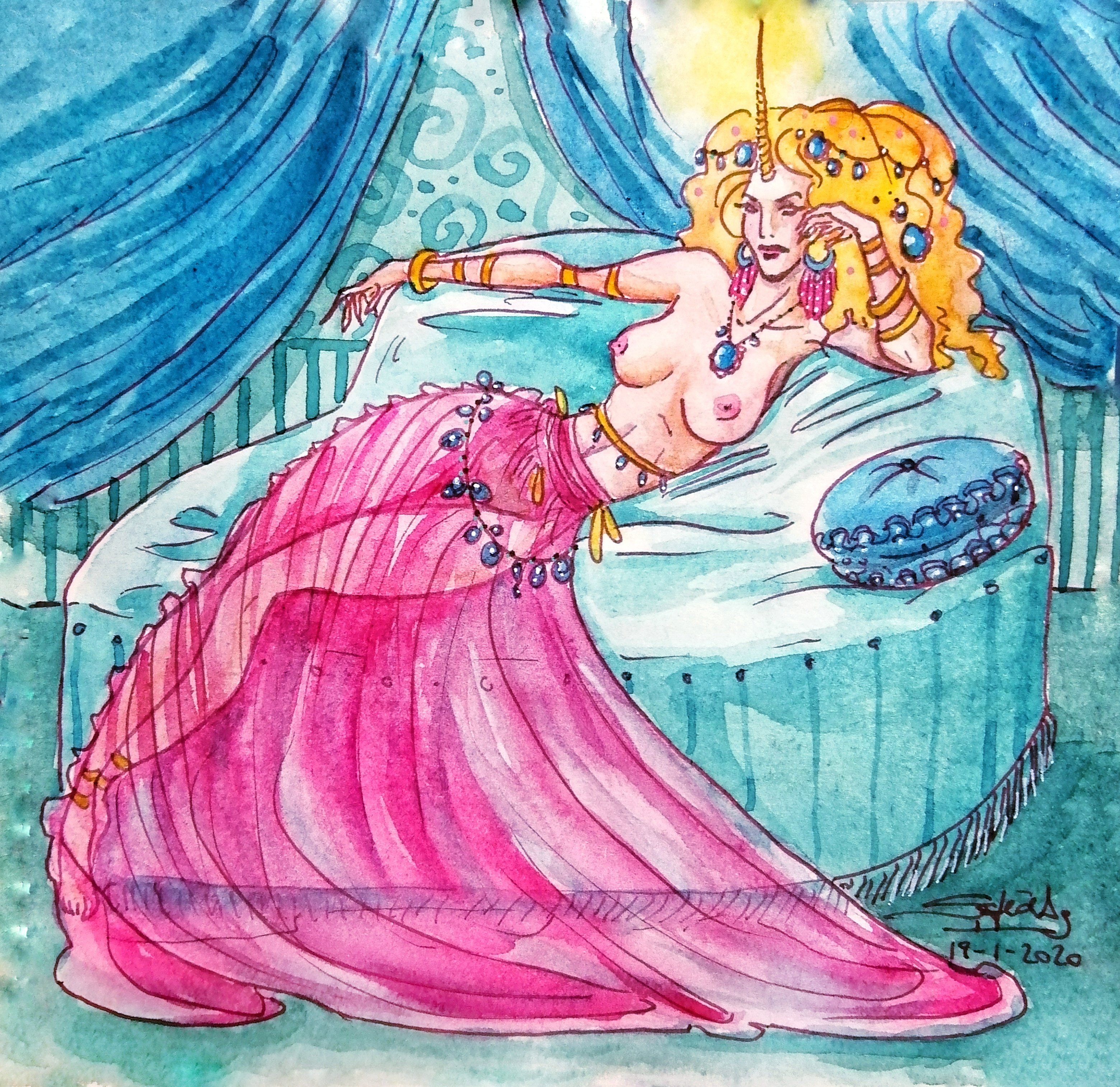 Lannra, a gorgeous voluptuous woman with luscious blonde hair and a shiny unicorn horn laying on a puffy bed surrounded by luxury. 