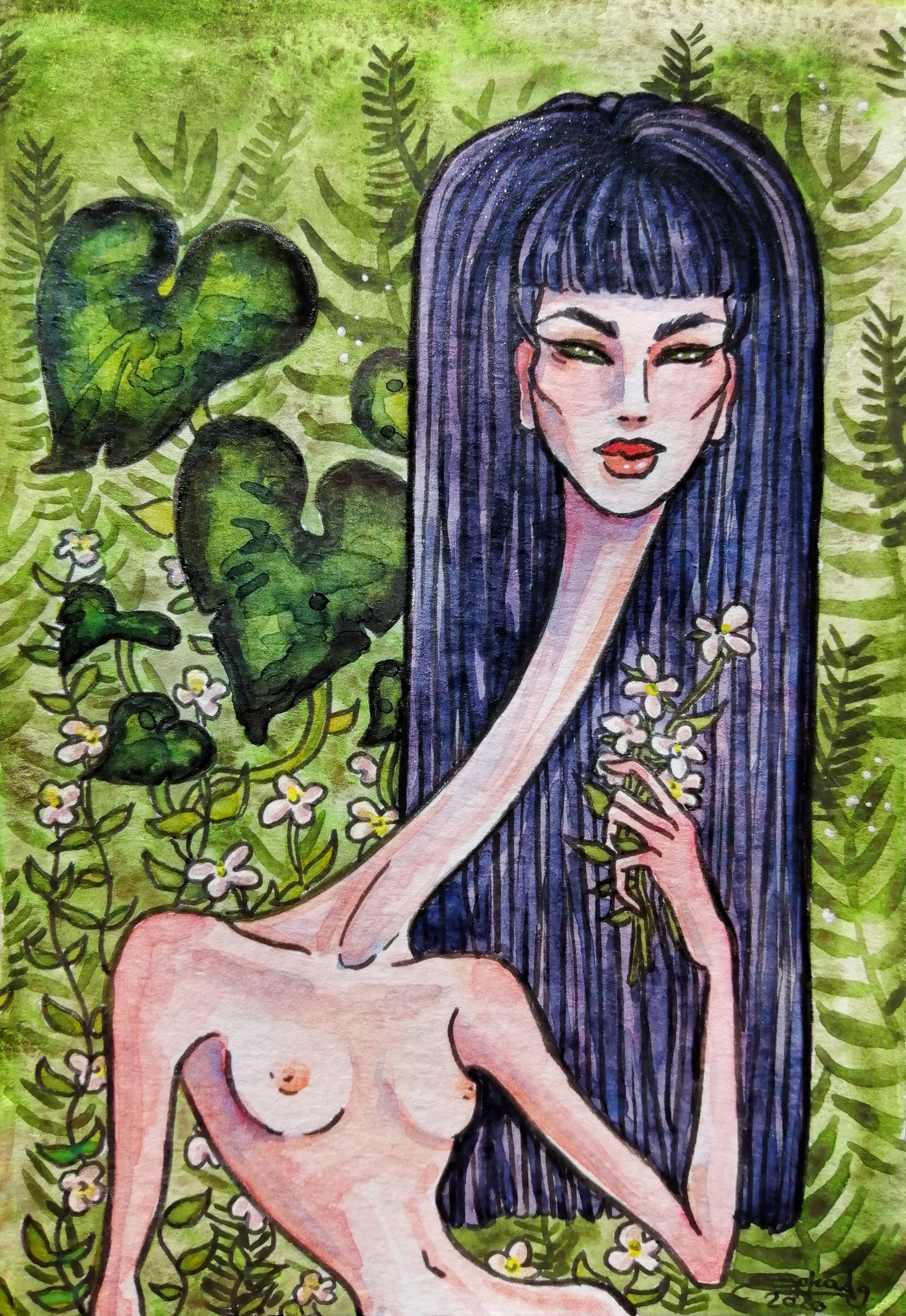 Noodle neck lady surrounded by green leaves and foliage