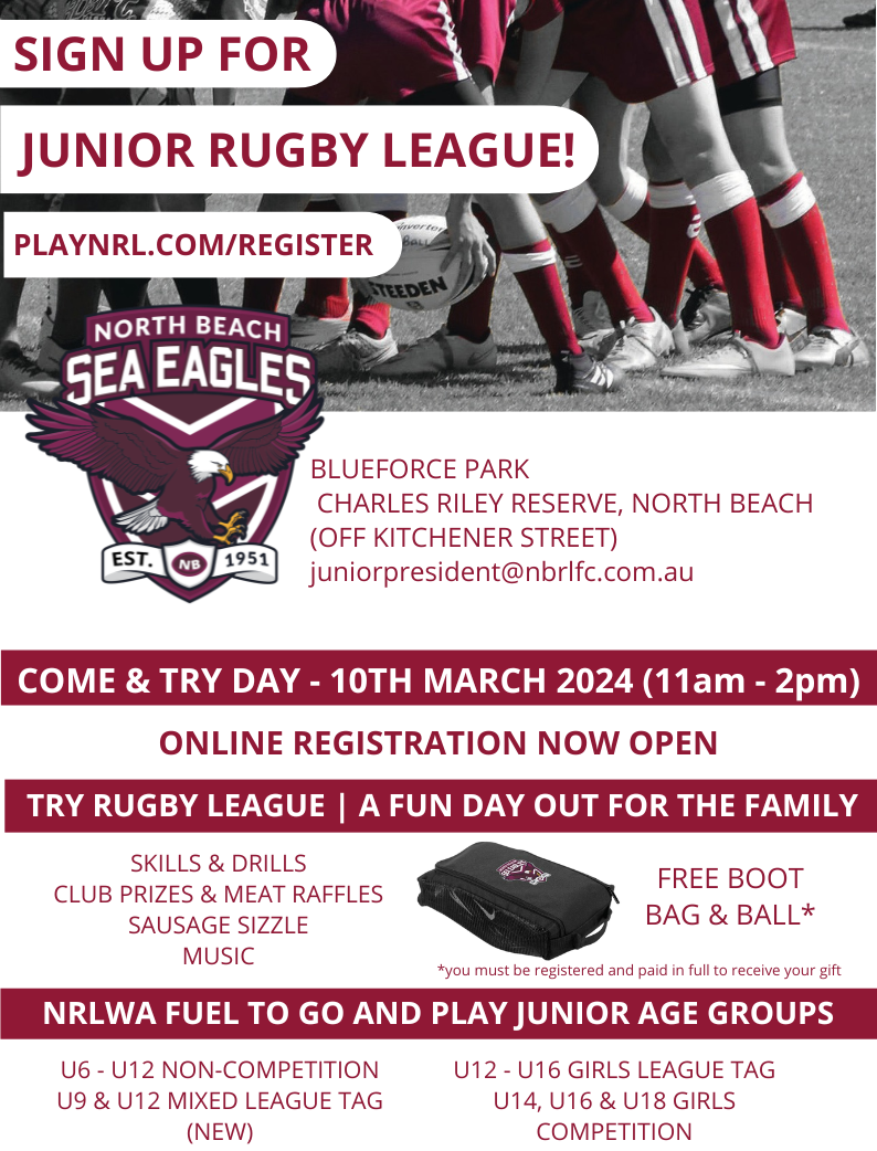 Junior registration come and try day north beach rugby league club