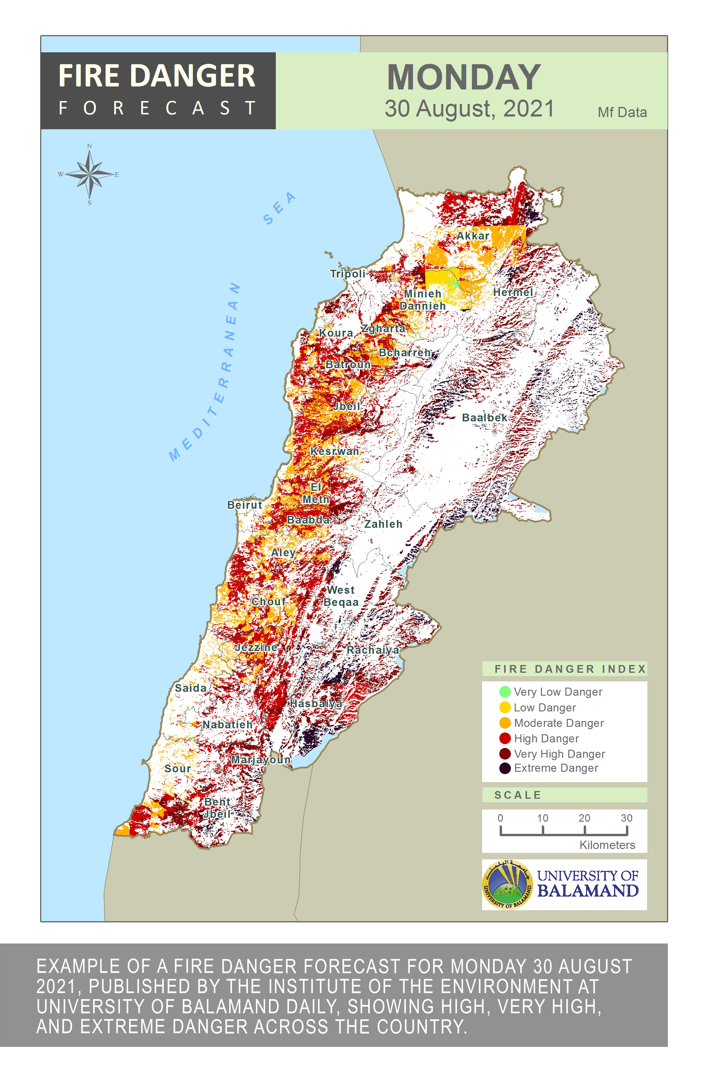 Fire Danger Forecast for Monday 30 August 2021, published by the Institute of the Environment at University of Balamand daily, showing high, very high, and extreme danger across the country