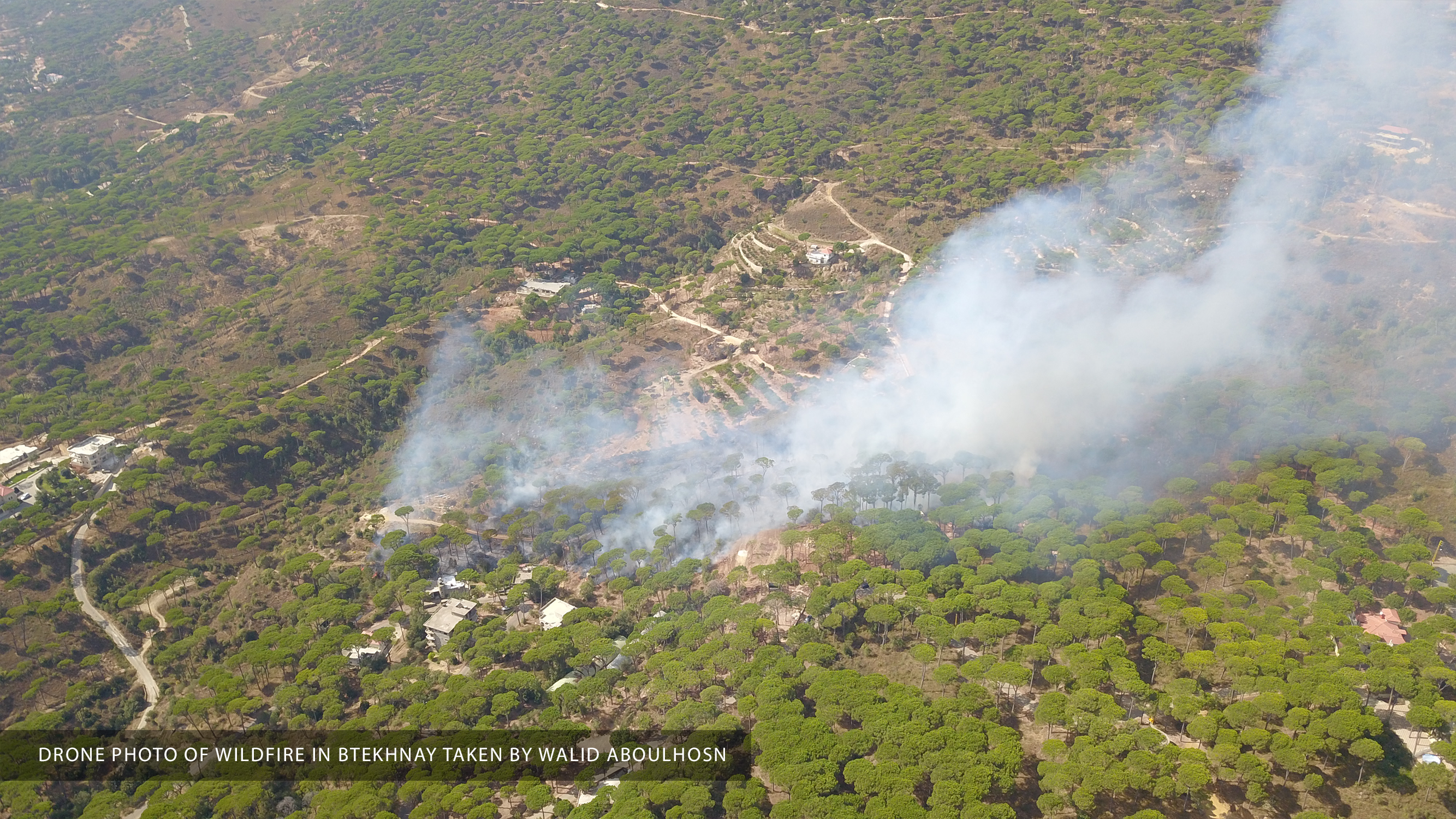 Drone footage of a 2020 wildfire in the pine forest of Btekhnay. forest fire