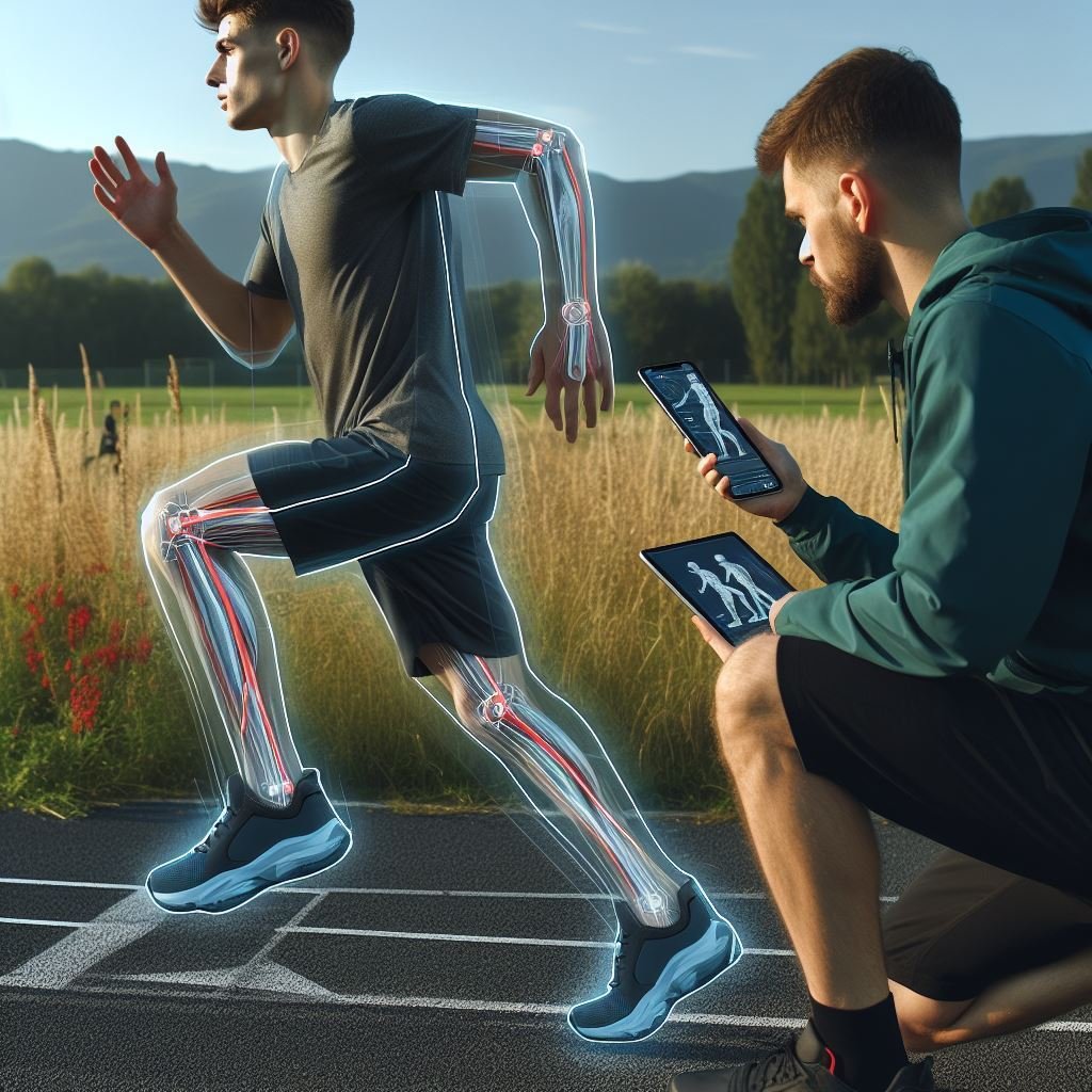 A running coach using a smartphone app to assess a runners running gait