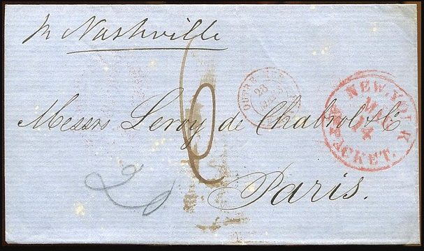 New-York à Paris, 14 mars 1854, 20 cents pour le port U.S. plus 6 décimes de port français.