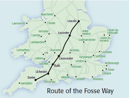 Map of part of England showing the route of the Fosse Way from Lincoln to Exeter