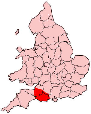 map showing area occupied by Durotriges tribe overlaid on English counties; the area corresponds to middle and South Somerset and Dorset