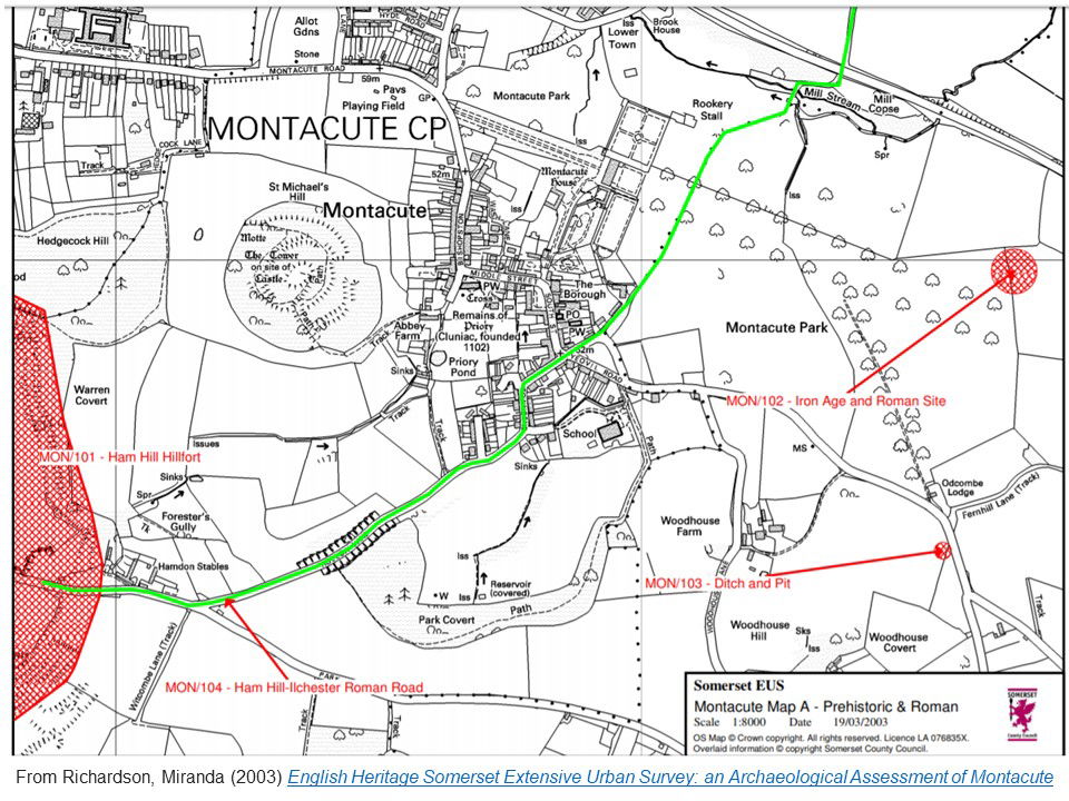 Map showing a route marked in green that could be a very early road through Montacute park and up Hollow lane to Ham Hill