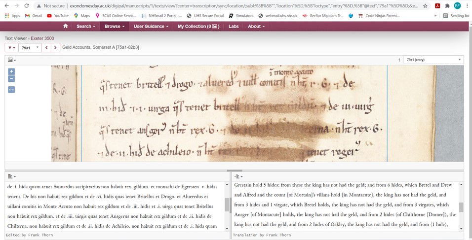 Image shows Exon Domesday page where Montacute (Monte Acuto) is referred to)