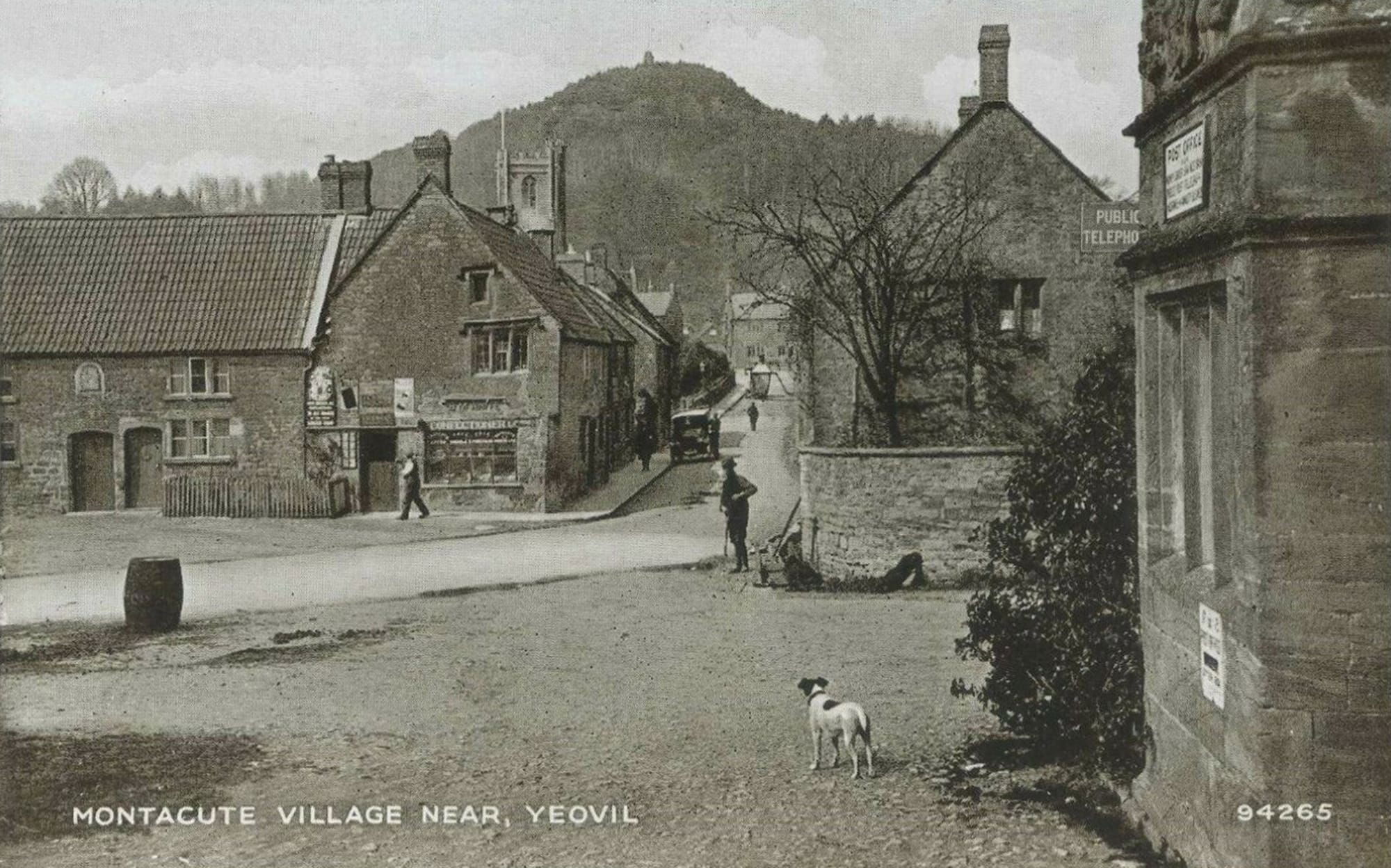 sepia postcard of Montacute taken by the chantry which has a 'post office' plaque. There is a dog in the foreground and a wooden barrel by the road. the view looks up middle street to the tower, there are people in the picture and a parked van on middle street.