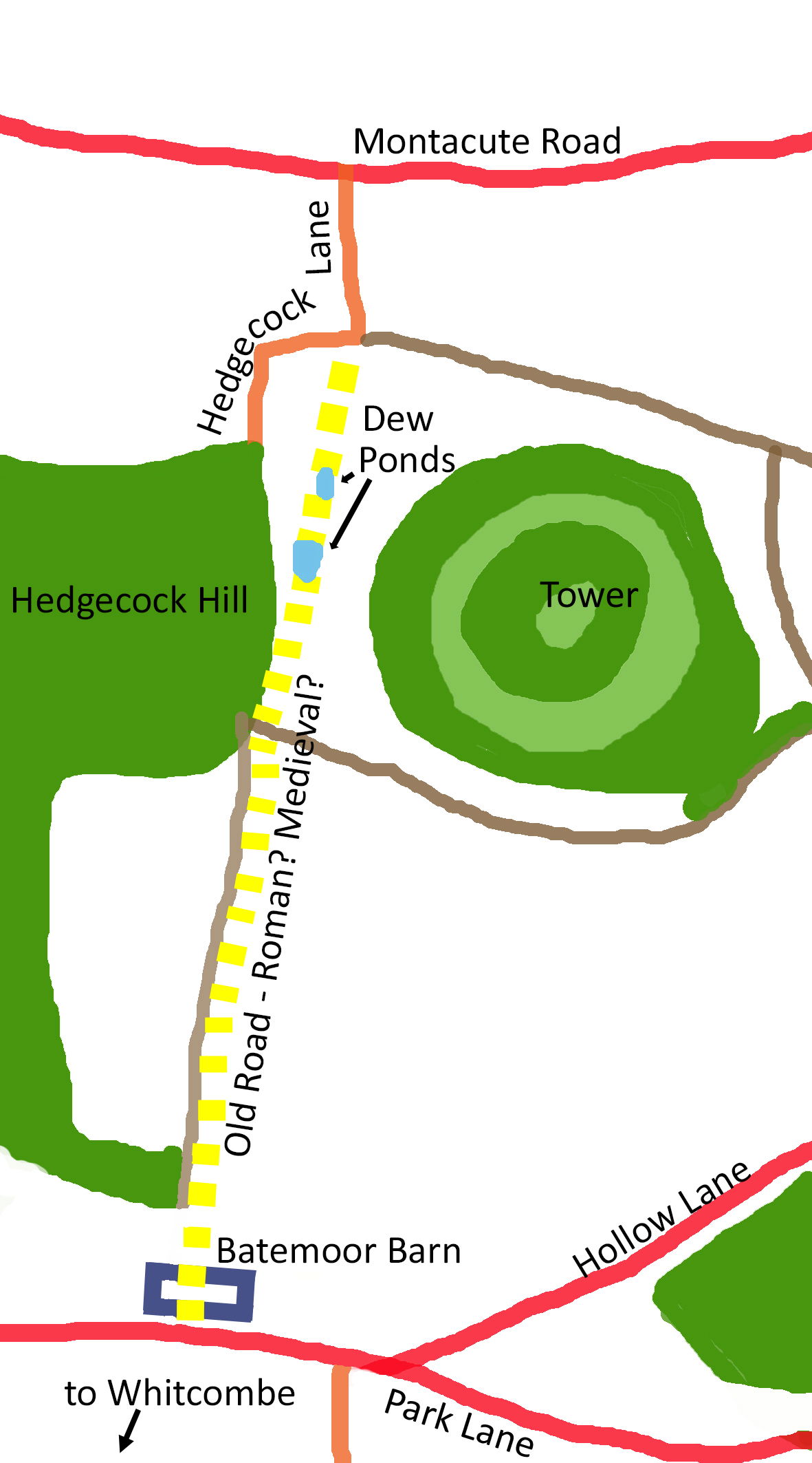Diagram of route from Batemoor Barn to Hedgecock Lane , showing the dew ponds along the route at a point between the northern portions of Hedgecock Hill and St Michael's Hill