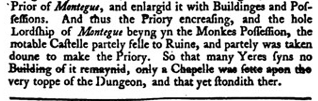 screenshot of the section of text from Thomas Hearne's 1768 translation of Leland's itinery that mentions the chapel built on the dungeon