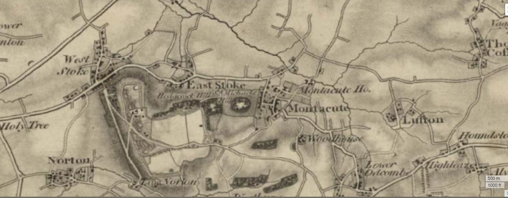 Faded sepia map of Montacute illustrating the road across the park that is now out of use as described in the text