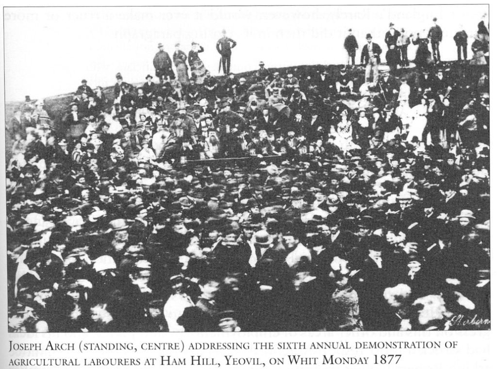 Photo of Joseph Arch addressing Agricultural Labourers meeting on Ham Hill 1877