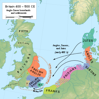 map showing Great Britain with regions settled by Saxons and Angles 400-500CE, and the regions on the west coast of northern Europe settled by Jutes, Angles, Saxons, Frisians and Franks; arrows show migration of Angles, Saxons and Jutes into south-east england in early 400's, and of Franks to the south coast of england before 500CE