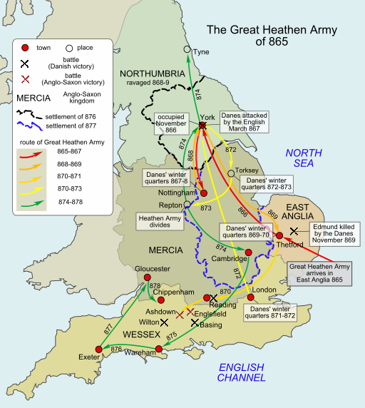 Map depicting the influx of the 'Great Heathen Army' into East Anglia in 865 and their subsequent routes across England, also showing battle site locations