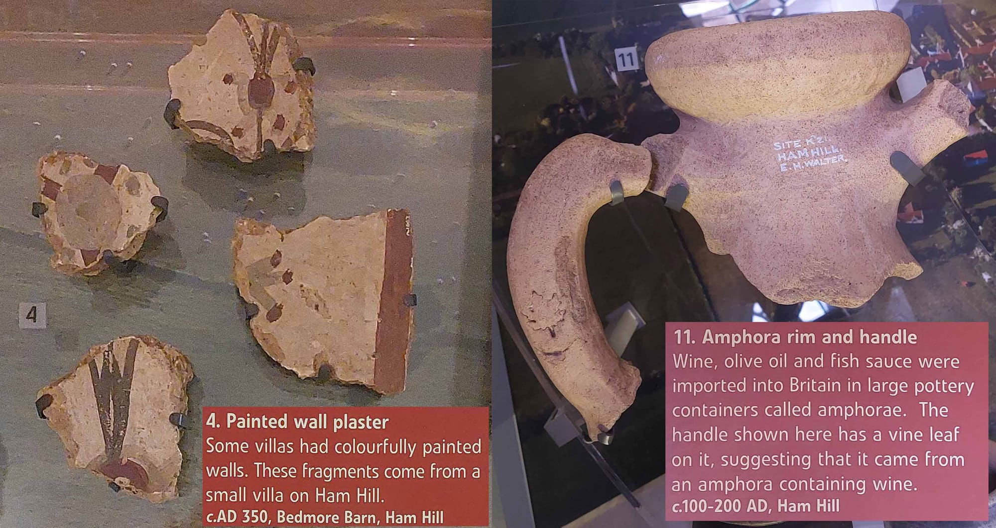 photo of fragments of painted wall paster and the rim and handle from  pottery amphora with a dull textured surface, looks like a pin-coloured clay