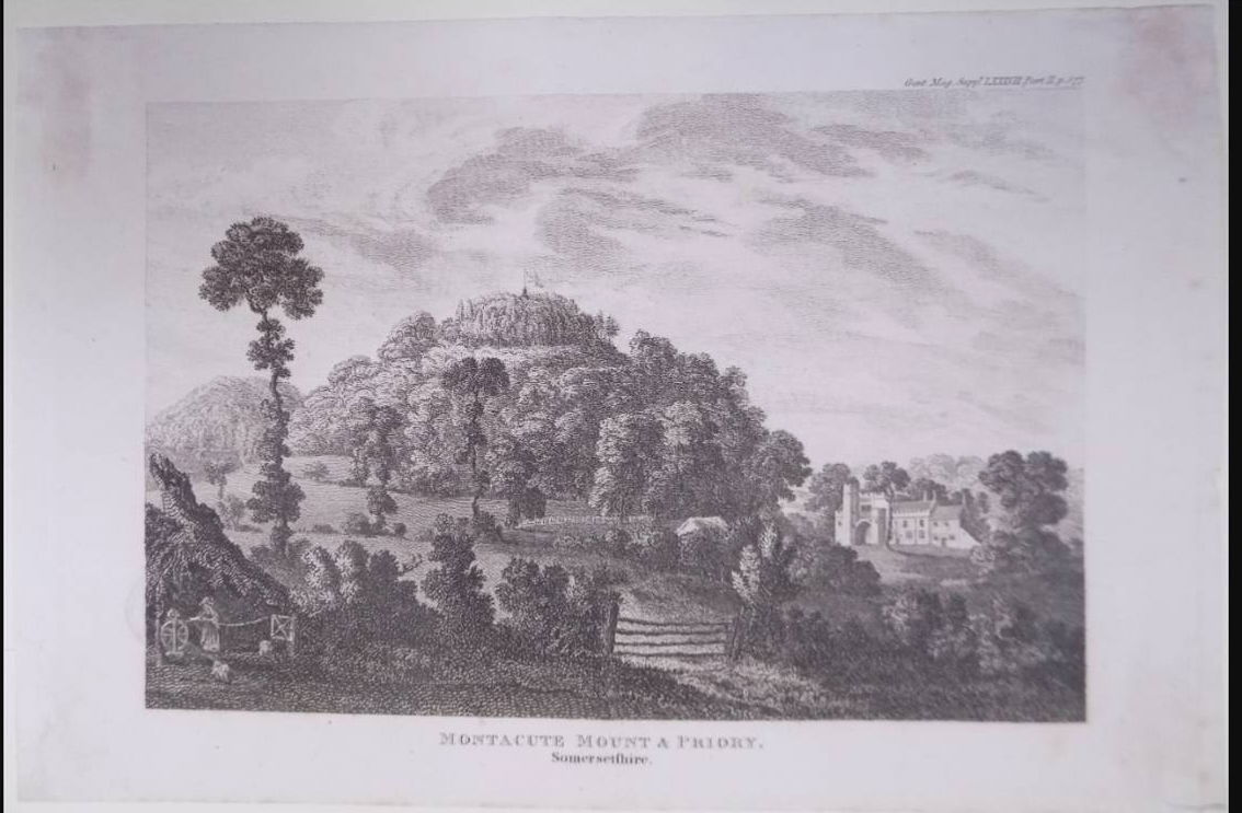 photo of an engraving of St Michael's Hill and Montacute priory from the Gentleman's magazine