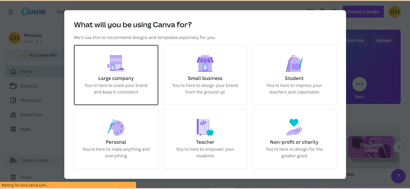 Screenshot of Canva's personalisation survey in onboarding