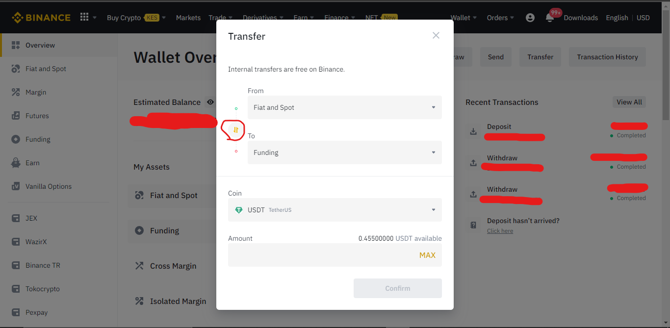 How to transfer usdt from funding to fiat and spot wallet