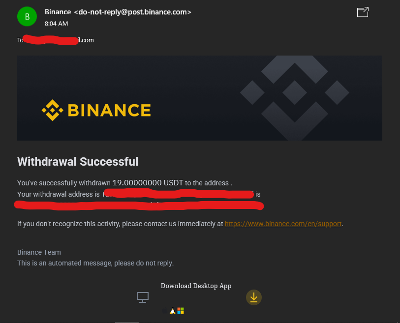 Withdrawal email confirmation from Binance