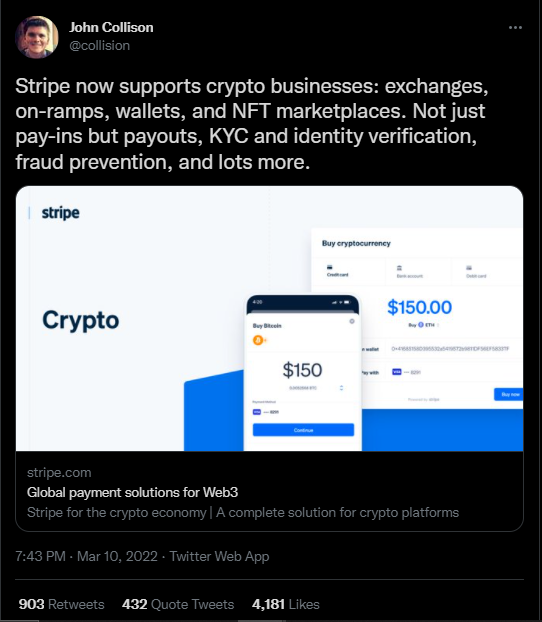 John Collison, Co-founder of Stripe tweet on cryptocurrencies