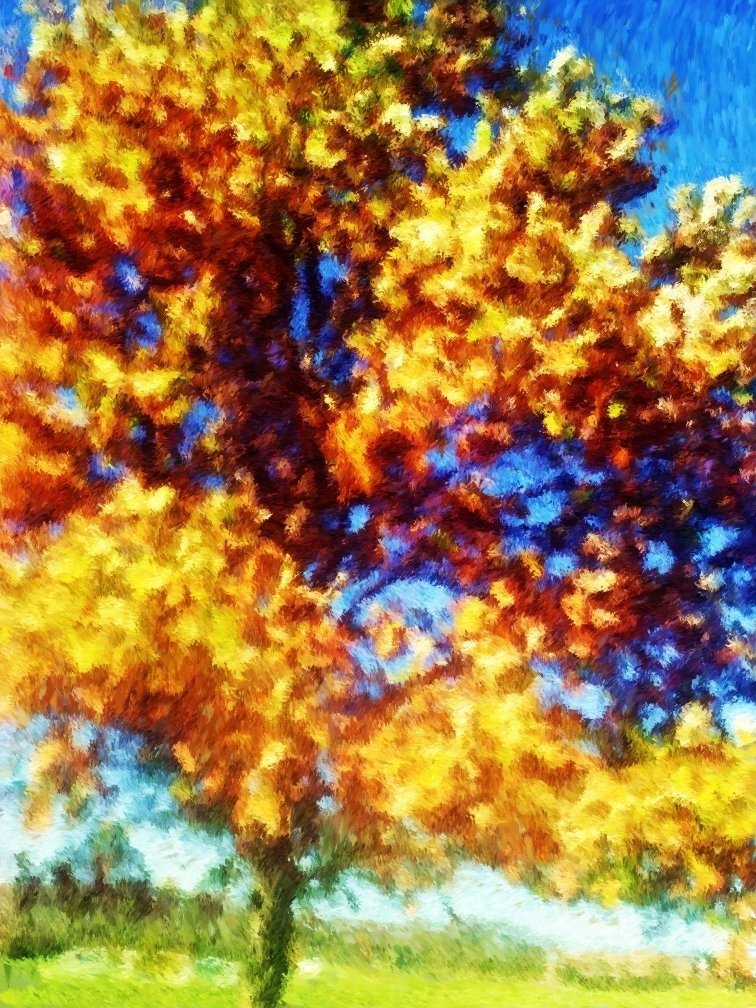 Impressionistic painting of red and yellow tree.