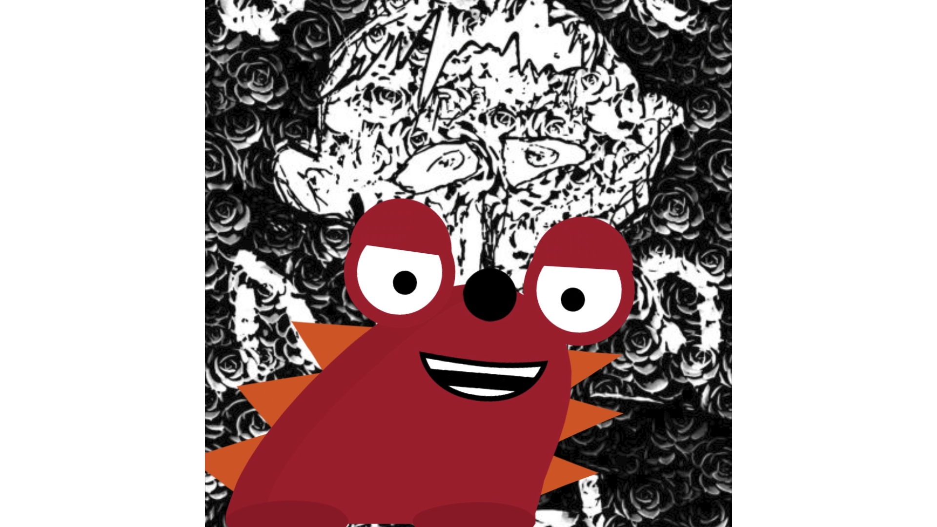 Red cartoon monster smiles in front of black and white face.