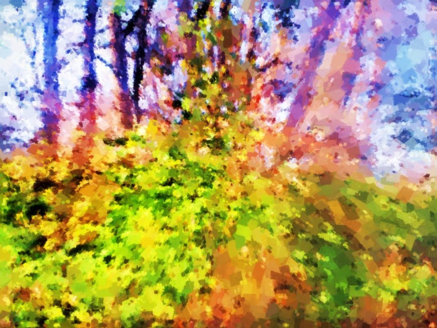 Painting of trees in pastel colors.