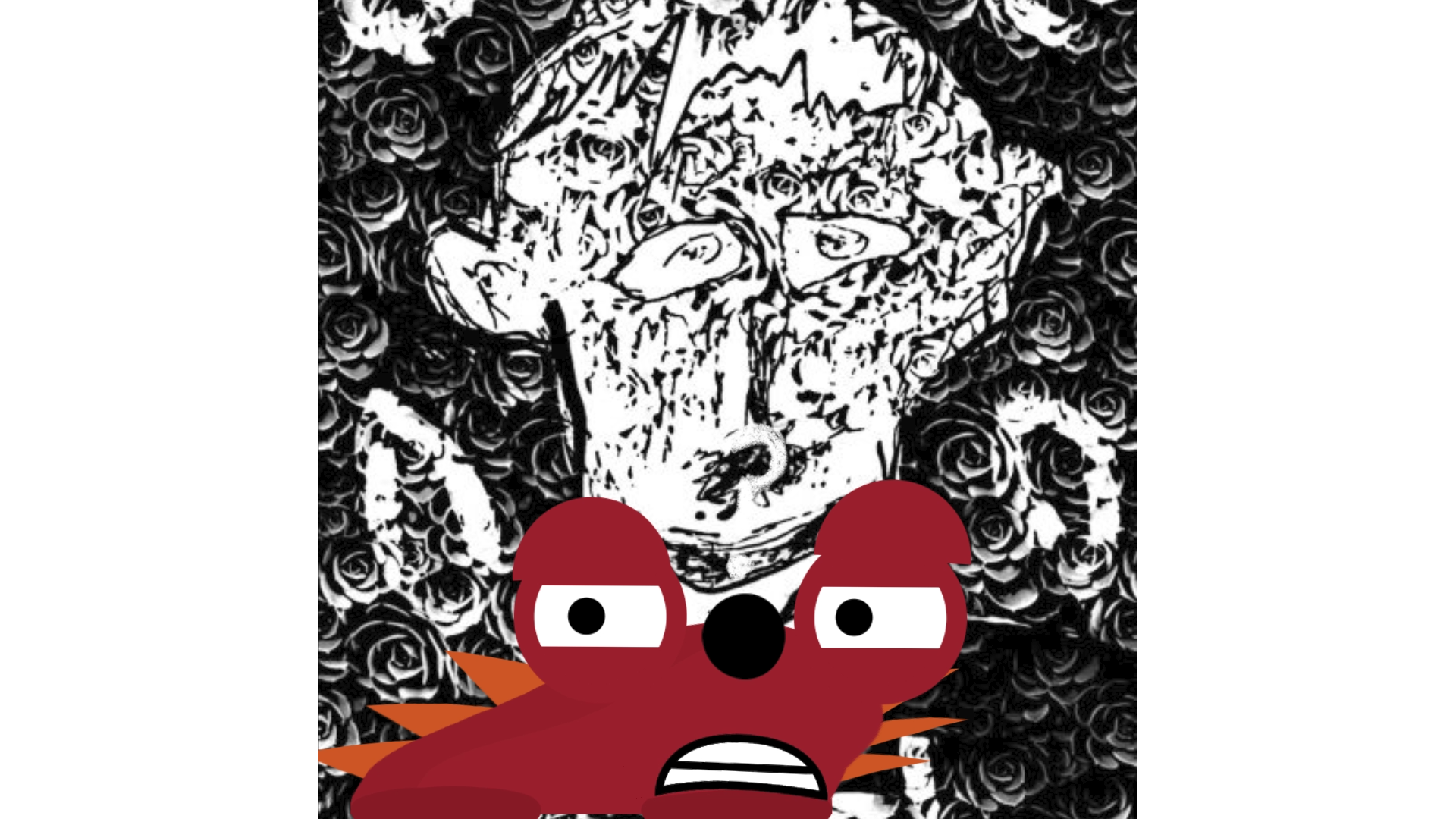 A red monster at the bottom of a woodcut picture of a man's smiling face.