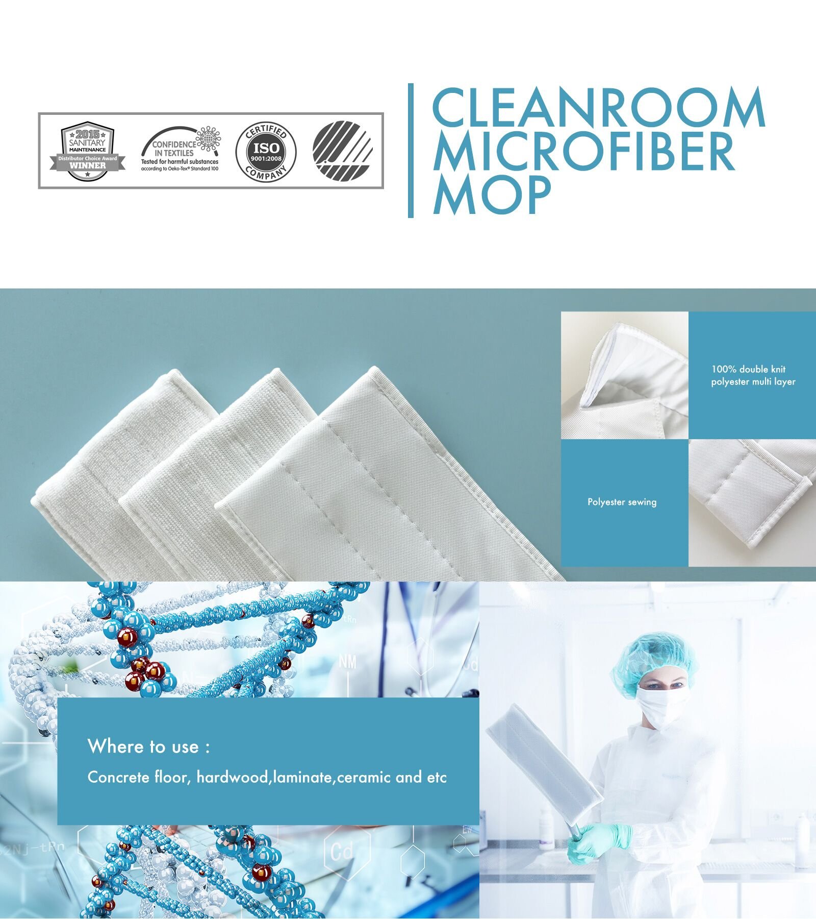 KINGMAX professional cleanroom mops and towels, special designed for cleanroom of high hygience standard.