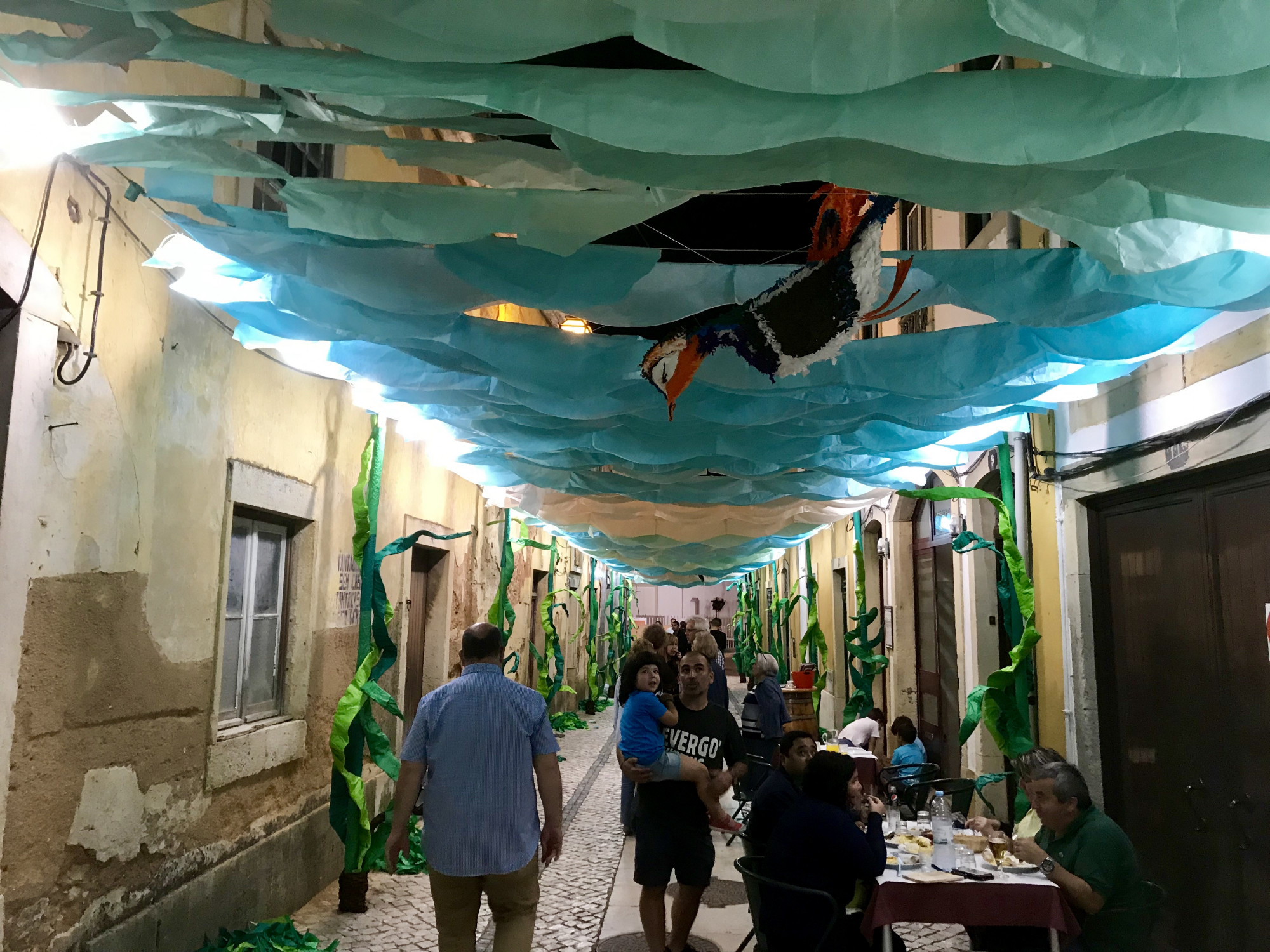 Seascape decorated street in Tomar for the Festa dos Tabuleiros