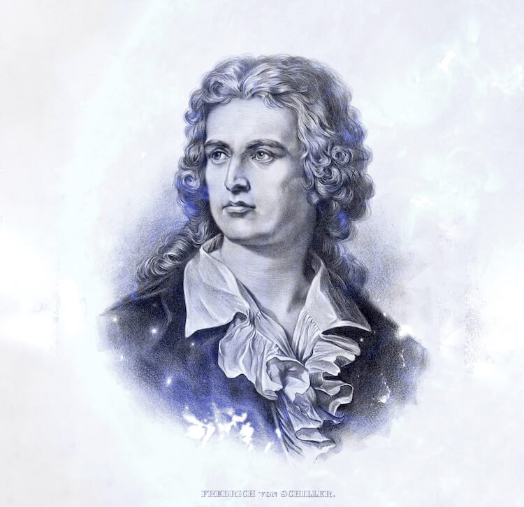 Old print image showing a portrait of the German poet Friedrich von Schiller with a hint of blue and a few star lights to emphasize his quote: I am a man of destiny