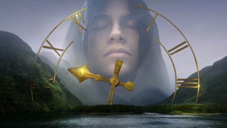 A beautiful woman wearing a dark head veil with a serene expression, eyes closed framed the the face of a golden clock with roman numerals rising from the mists above a lake surrounded by hills symbolic in a movie or show poster style symbolic of the importance of Destiny in story telling and script writing for the small and big screen 