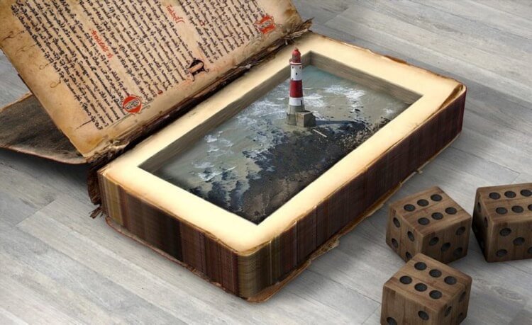 A fine art image of a classic red-white lighthouse surrounded by rocks and shallow sea waves rising from the pages of an ancient open book on a wooden desk with three carved six eye dice emphasizing the topic of Destiny in classic and modern works of literature 